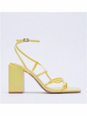 ZARA • Yellow Square Toe Strappy Heeled Sandals, 6